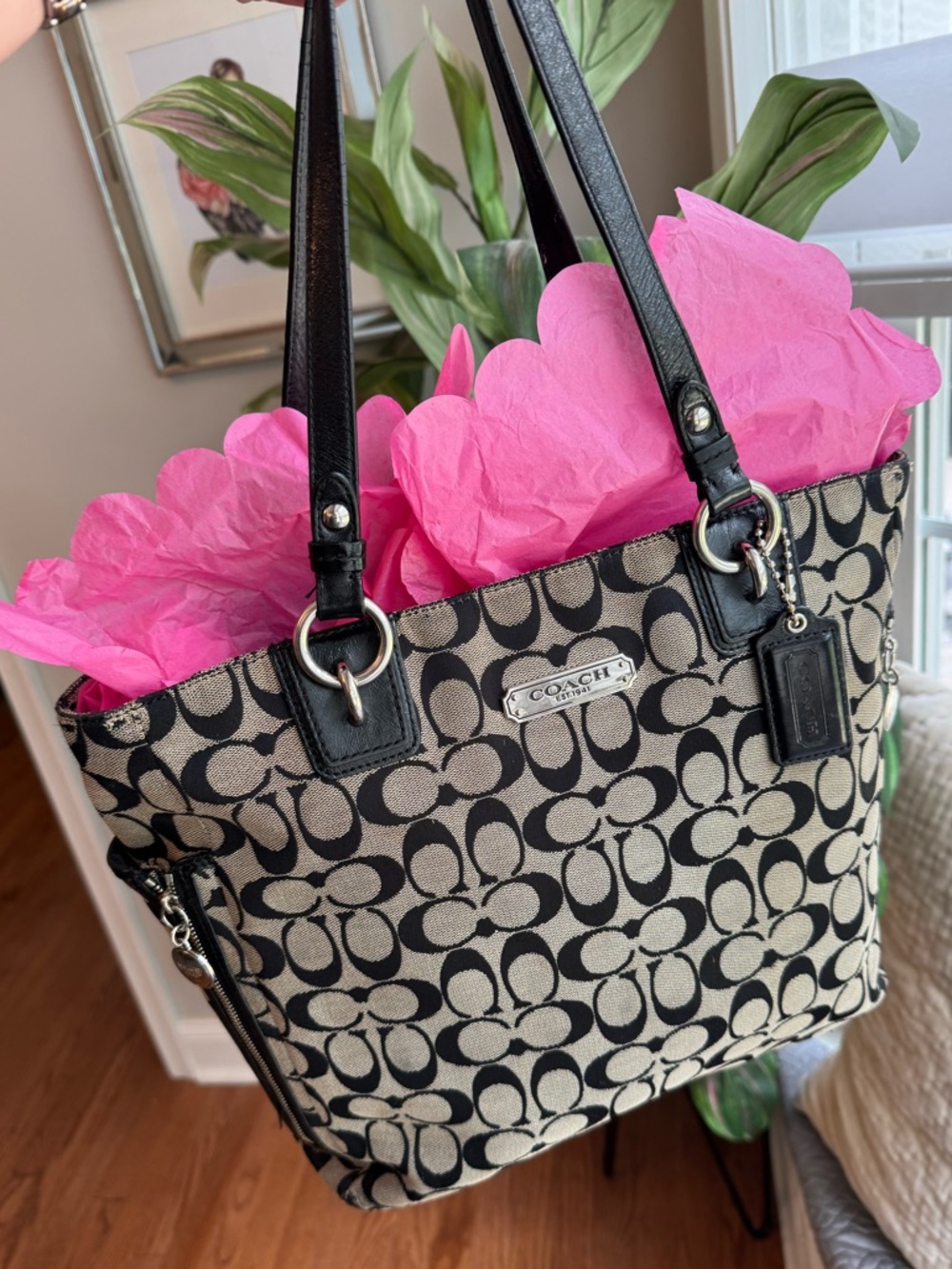 Coach Gallery Signature NS Zip Tote with black monogram pattern